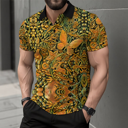 “Gilded Maze” Men's Short Sleeve Button Polo Shirt