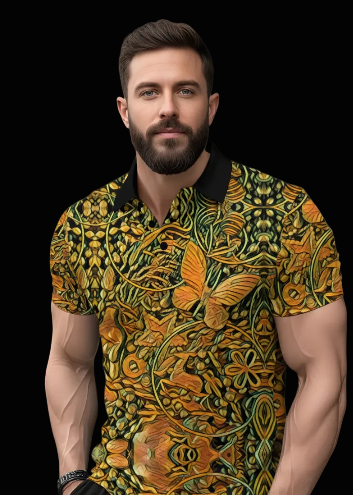 “Gilded Maze” Men's Short Sleeve Button Polo Shirt