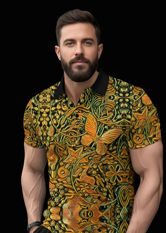 “Gilded Maze” Men's Short Sleeve Button Polo Shirt