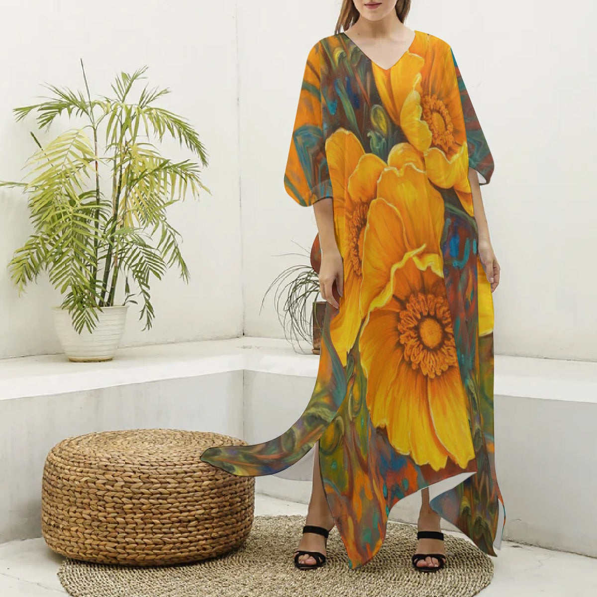 “Golden Cascade” Women's Imitation Silk V-neck Kaftan Robe