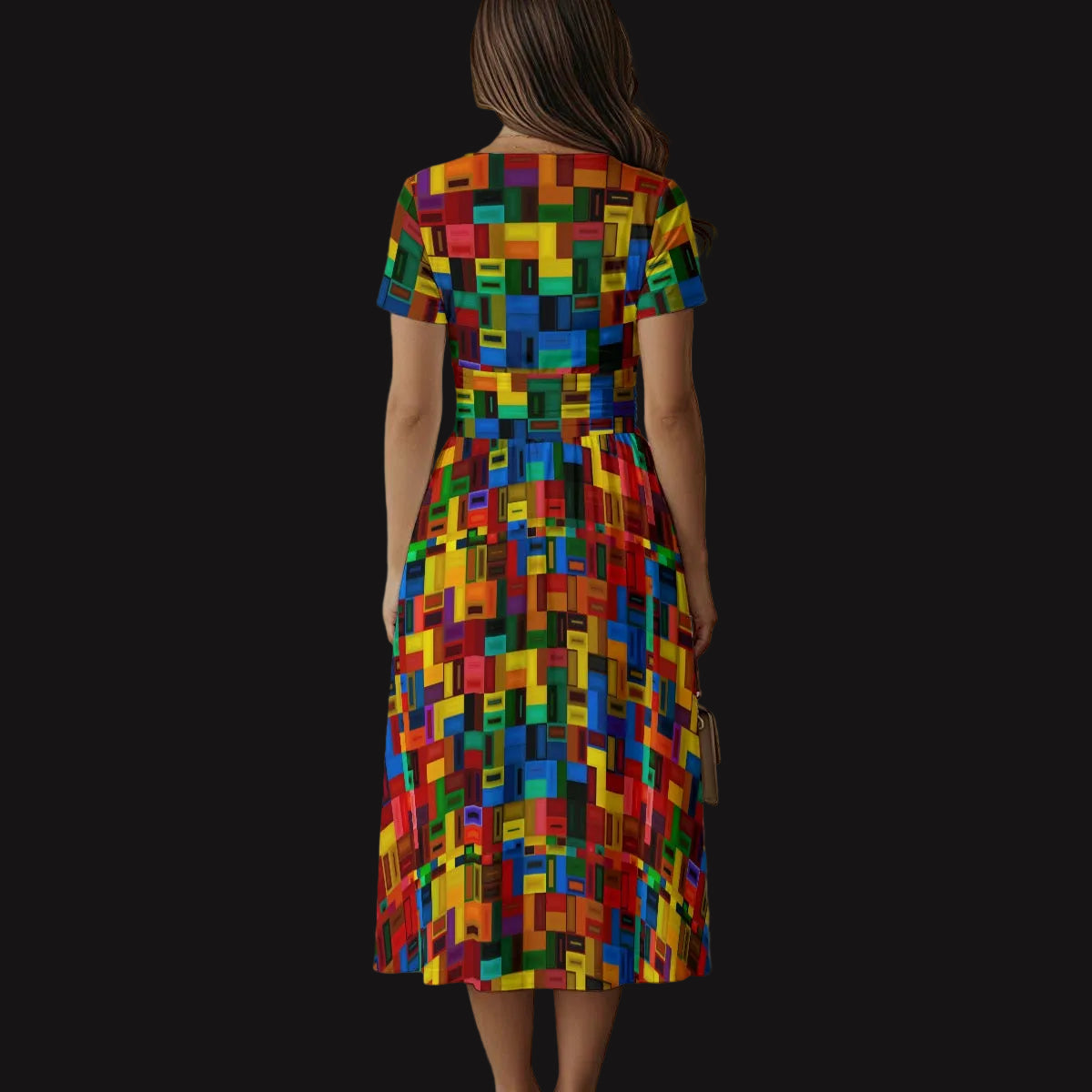 “Blocked” Women's Short Sleeve V Neck Midi Dress