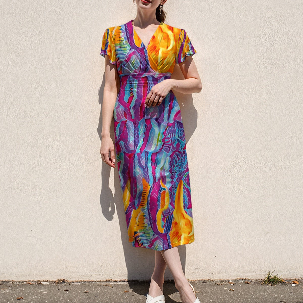 “Polychromous” Women's V-Neck Flutter Sleeve Midi Dress