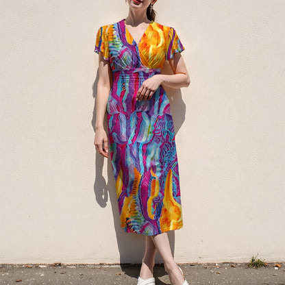 “Polychromous” Women's V-Neck Flutter Sleeve Midi Dress