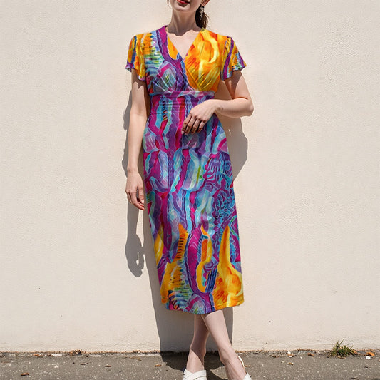 “Polychromous” Women's V-Neck Flutter Sleeve Midi Dress