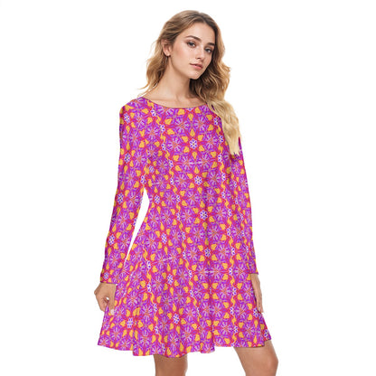 “Fuchsia Fiesta” Women's Round Neck Dress|190GSM Cotton