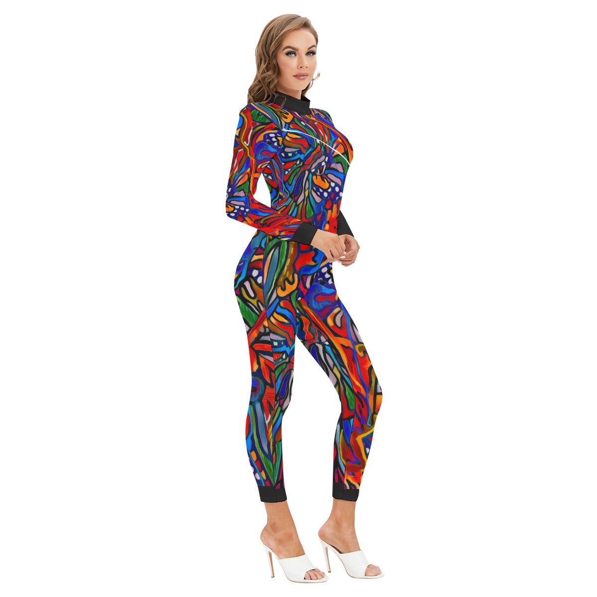 “Crimson Bloom” Women's Long-sleeved High-neck Jumpsuit With Zipper