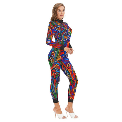 “Crimson Bloom” Women's Long-sleeved High-neck Jumpsuit With Zipper
