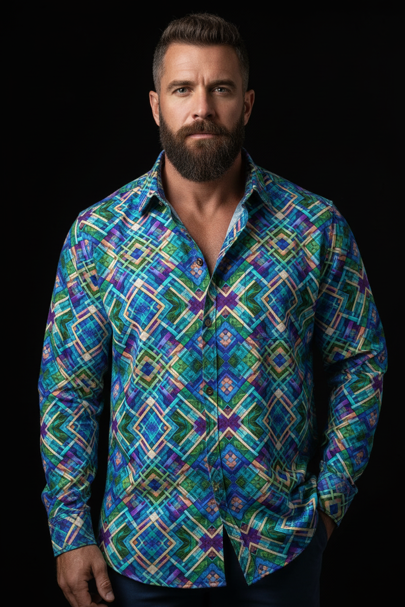 “Ocean Plaid” Men's Casual Lapel Long Sleeve Shirt|125GSM Cotton