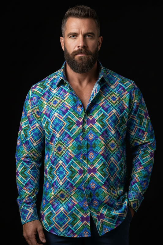 “Ocean Plaid” Men's Casual Lapel Long Sleeve Shirt|125GSM Cotton