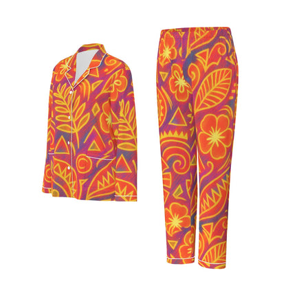 “Island Echoes” Women's Long Sleeve Pajama Set With White Contrast Piping