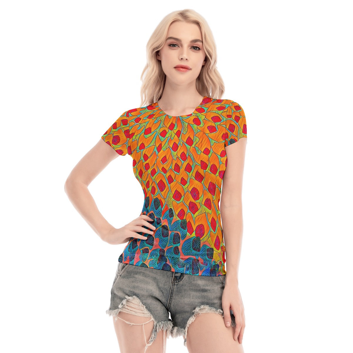 “Fractured Sunset” Short Sleeve Mesh Blouse