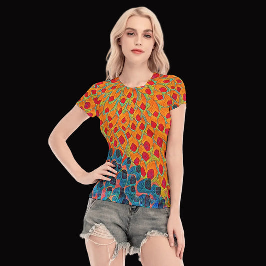 “Fractured Sunset” Short Sleeve Mesh Blouse