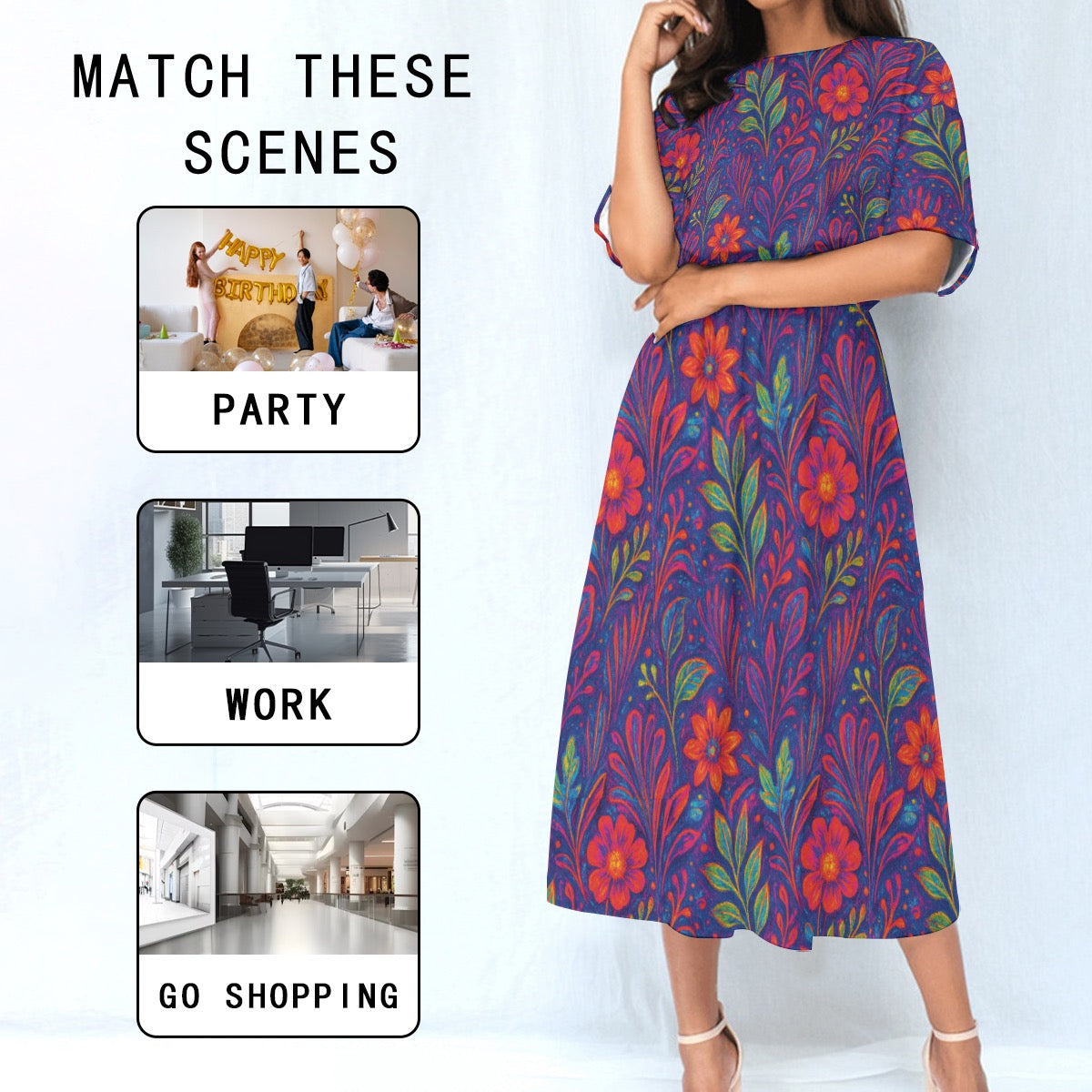 “Floral Vibrations” Women's Elastic Waist Dress