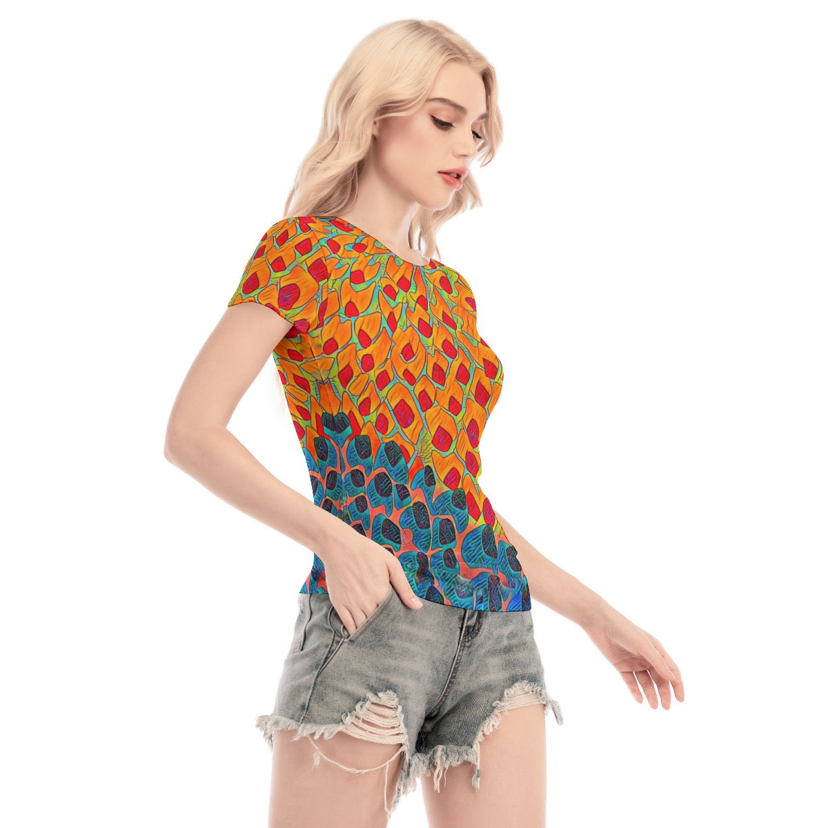 “Fractured Sunset” Short Sleeve Mesh Blouse