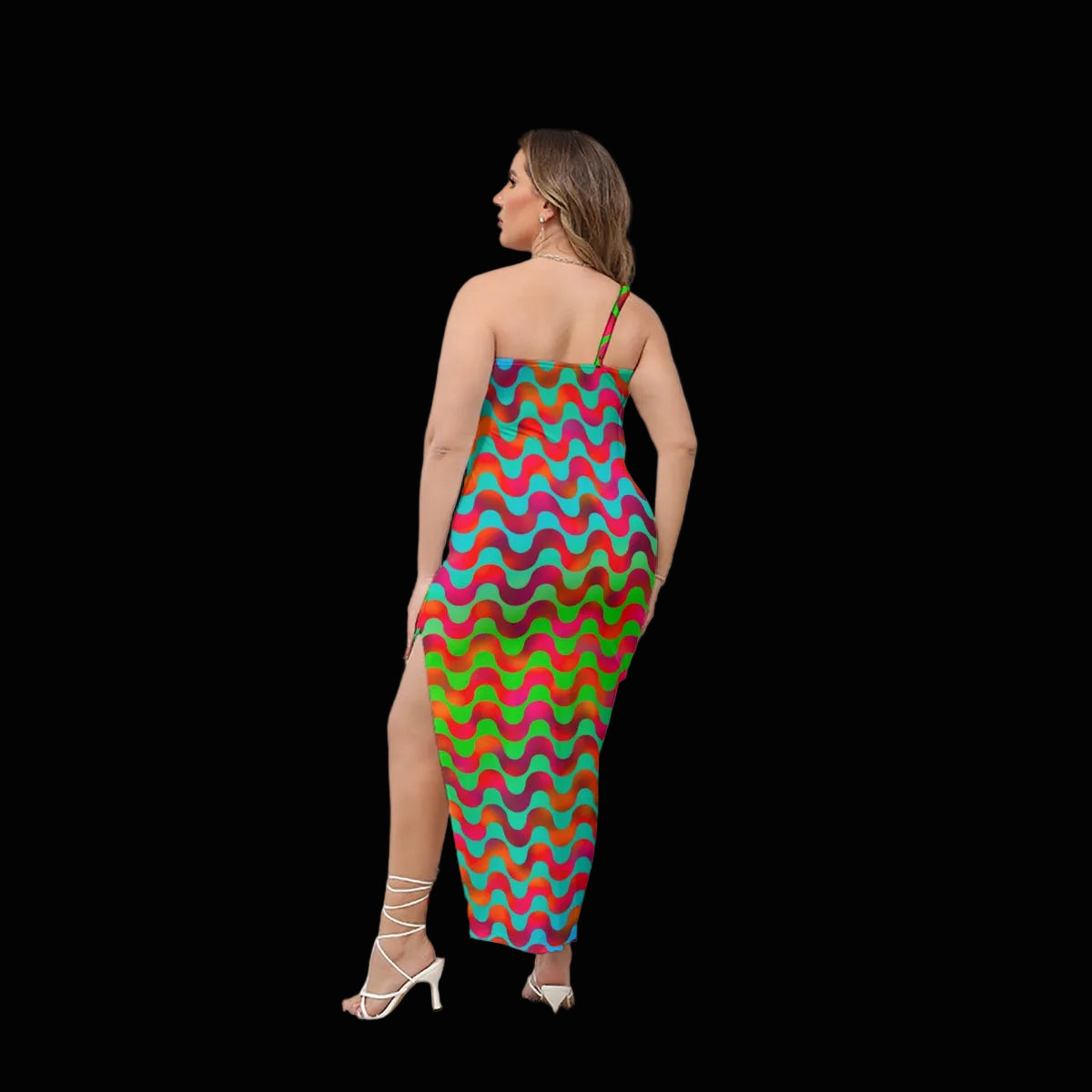 “Psychedelic Siren” Women's Oblique-Shoulder Exposure Dress With Side Split (Plus Size)