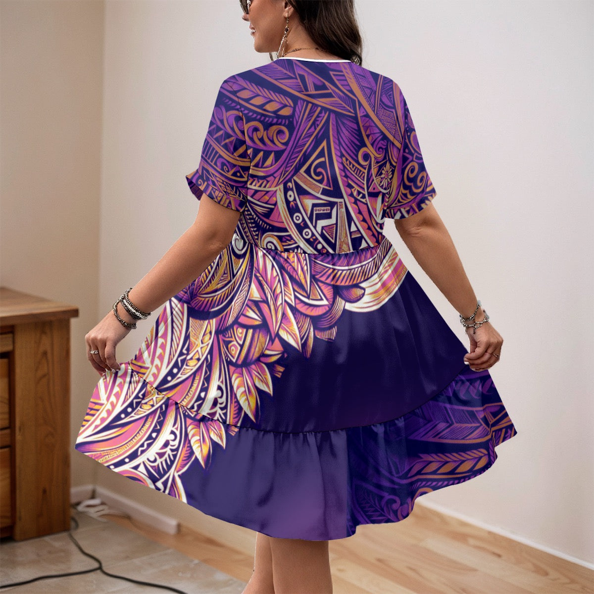 “Purple Pacifica” Women’s Floral V-Neck Short Sleeve Dress