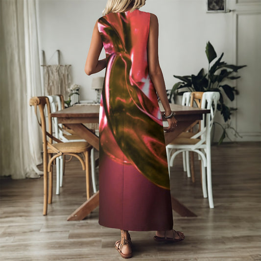 “Glass Wave” Crimson Red: Women's V-Neck Long Dress