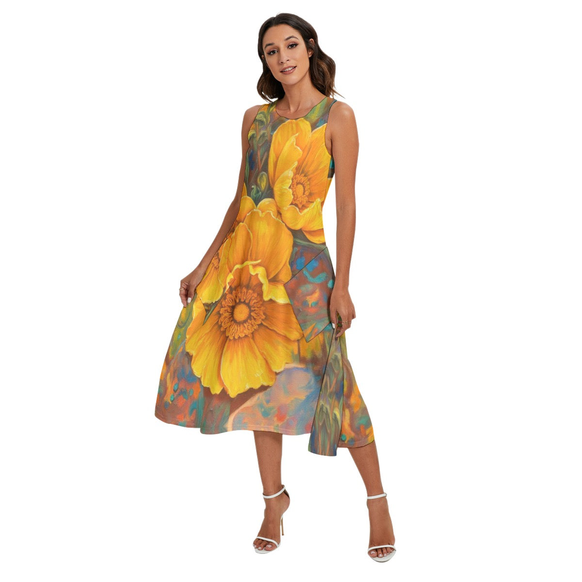 “Golden Cascade” Women's Sleeveless Dress With Diagonal Pocket