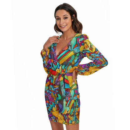 “Chromatic Dream” Women's Long Sleeve Dress With Waist Belt