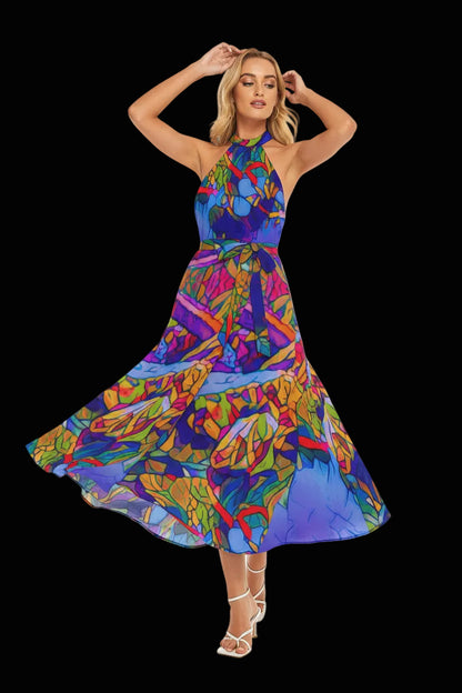 “Cerulean Spectrum” Women's Wrap Hem Belted Halter Dress