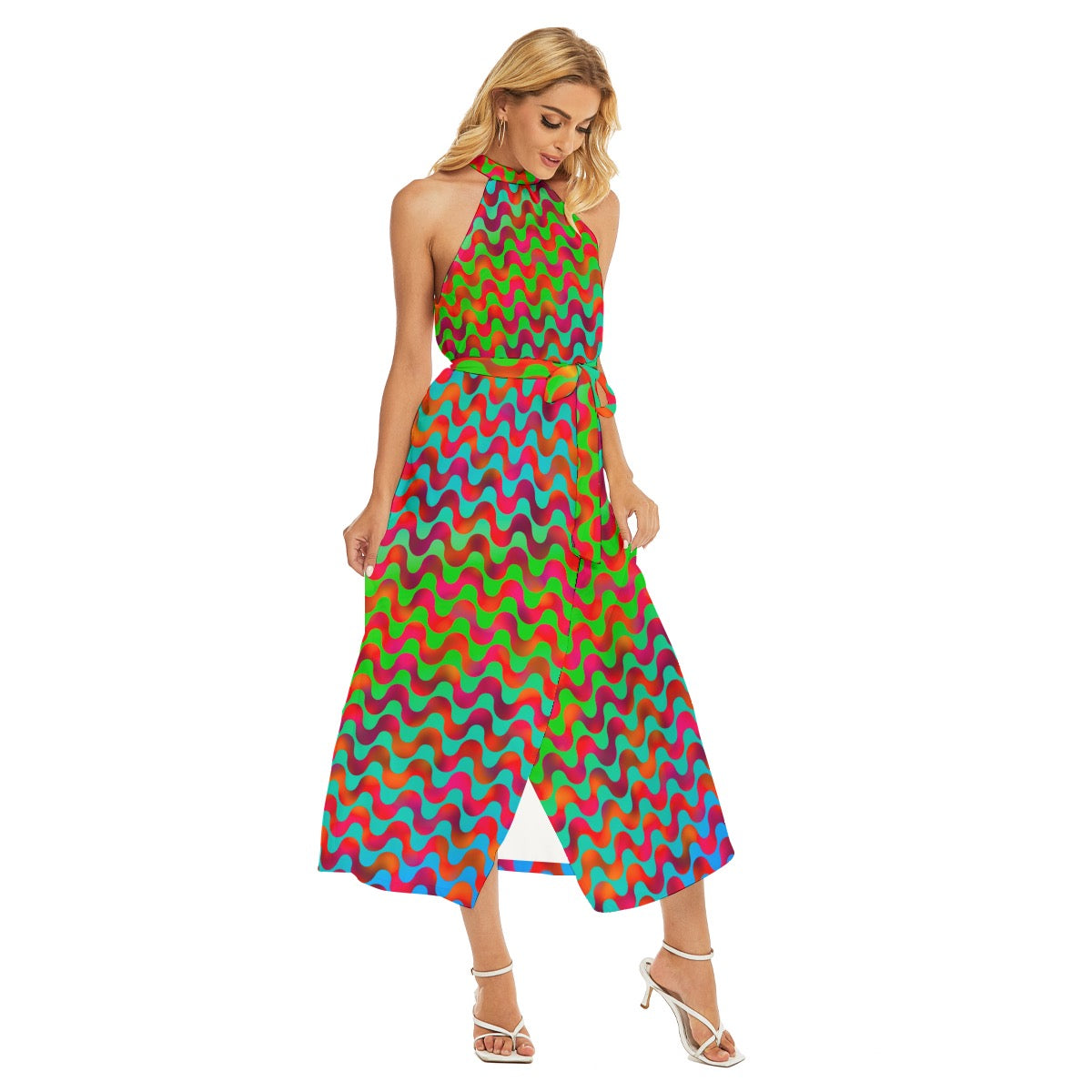 “Psychedelic Siren” Women's Wrap Hem Belted Halter Dress