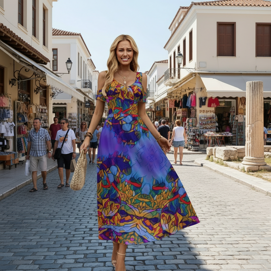 “Cerulean Spectrum” Women's V-neck Off-shoulder Dress