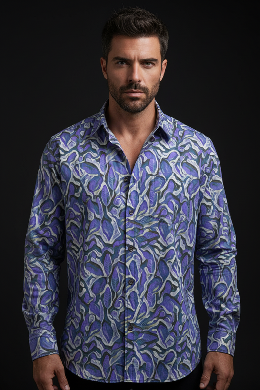 “Indigo Bloom“ Men's Casual Lapel Long Sleeve Shirt|125GSM Cotton