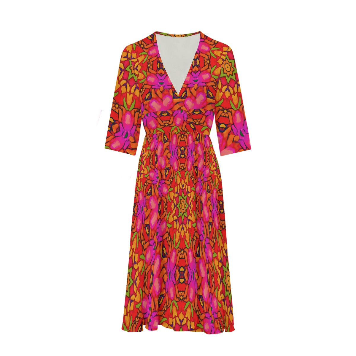 “Prismatic Petals” Women's Knee-Length V-Neck Dress