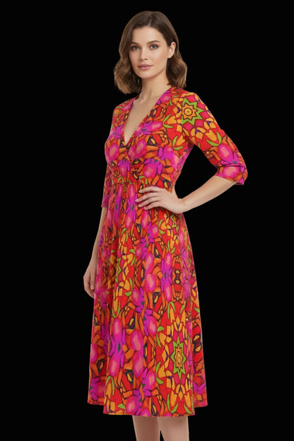 “Prismatic Petals” Women's Knee-Length V-Neck Dress