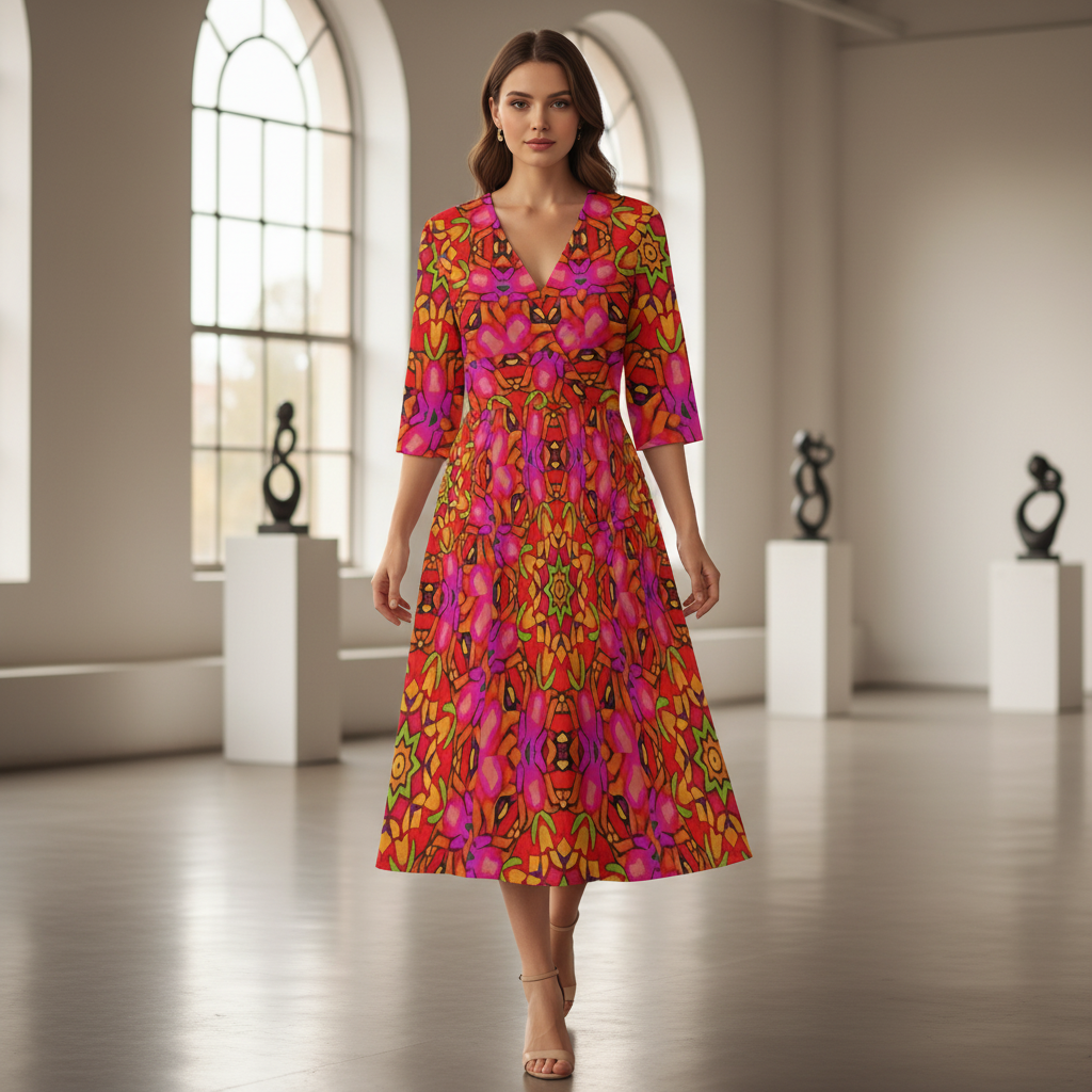 “Prismatic Petals” Women's Knee-Length V-Neck Dress