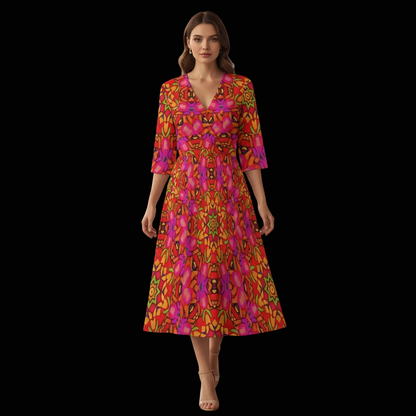“Prismatic Petals” Women's Knee-Length V-Neck Dress