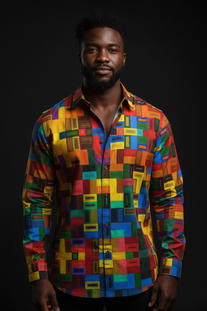 “Blocked” Men's Casual Lapel Long Sleeve Shirt|125GSM Cotton