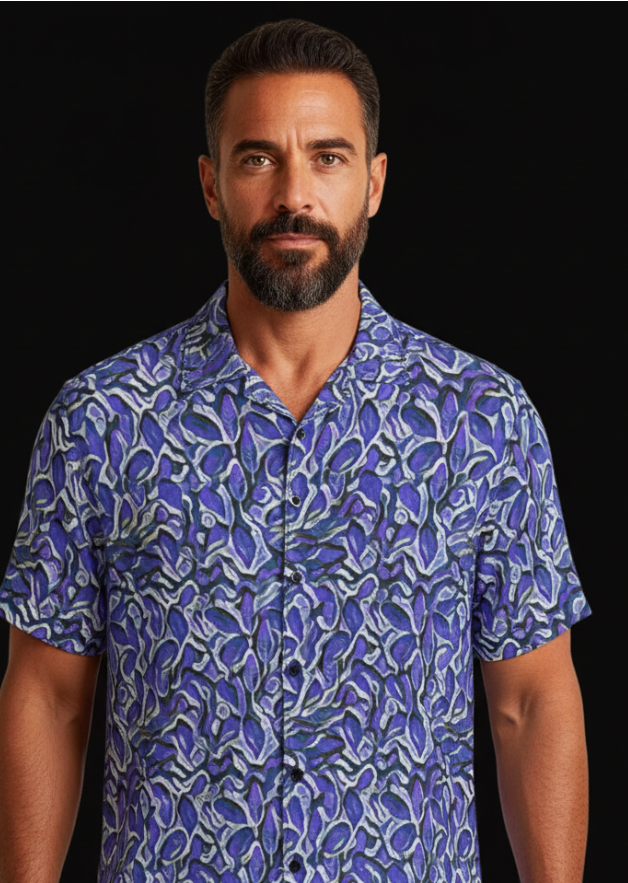 “Indigo Bloom” Men's Hawaiian Shirt With Button Closure |115GSM Cotton poplin