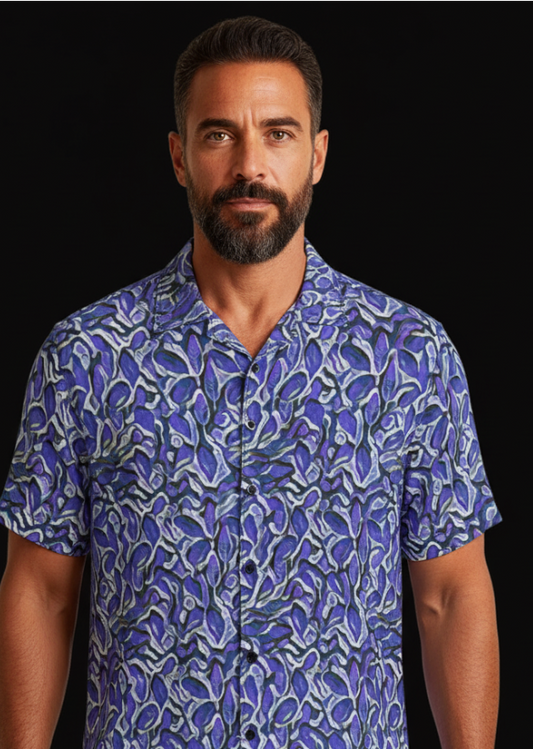 “Indigo Bloom” Men's Hawaiian Shirt With Button Closure |115GSM Cotton poplin