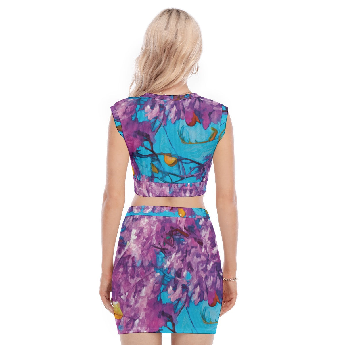 “Jacaranda Season” (Cobalt) Women's Collarless V Collar Vest Skirt Suit