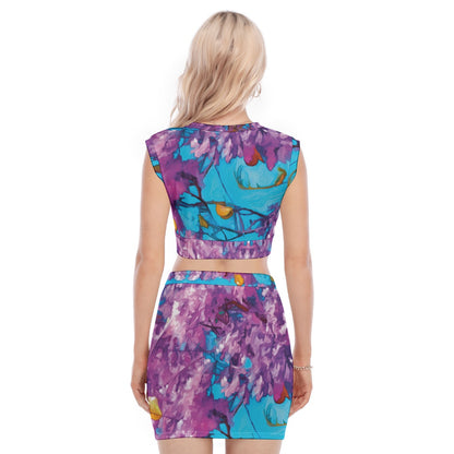 “Jacaranda Season” (Cobalt) Women's Collarless V Collar Vest Skirt Suit