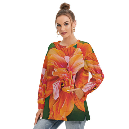 “Peach Hibiscus” Women's Side Split O-neck Sweatshirt