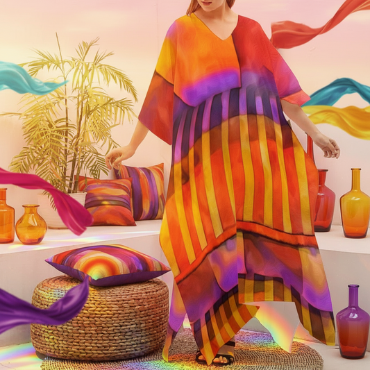 “Aurora Stripes” Women's Imitation Silk V-neck Kaftan Robe