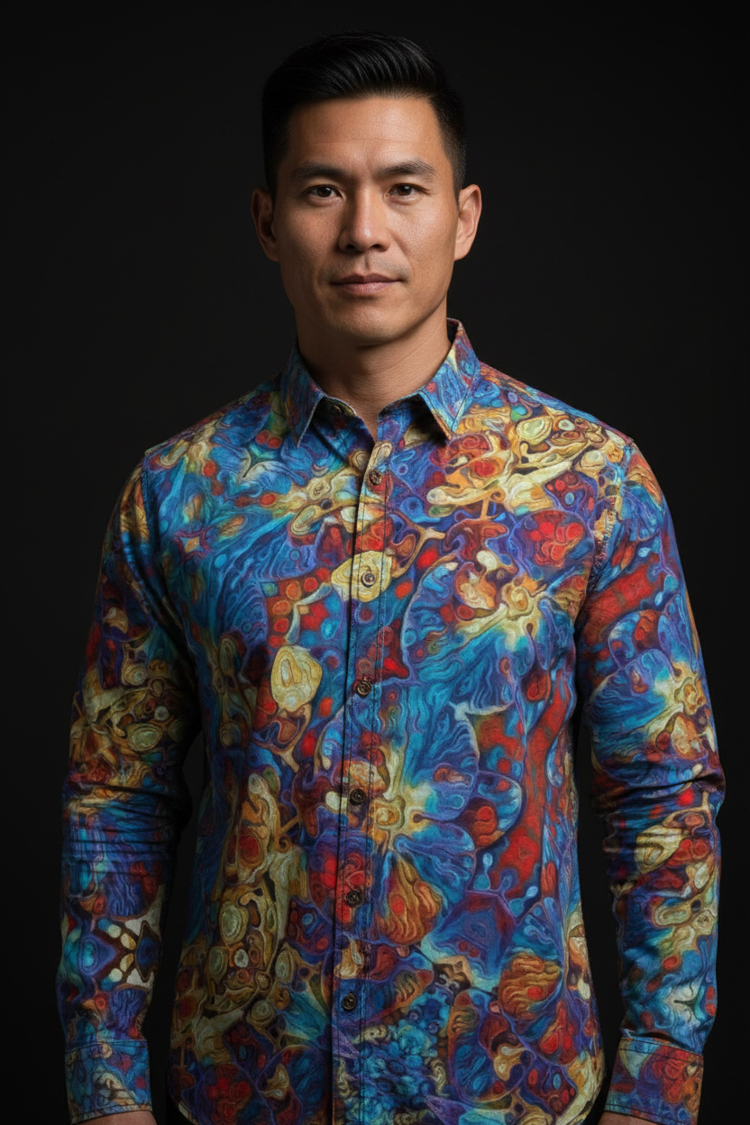 “Marbled Tides II” Men's Casual Lapel Long Sleeve Shirt|125GSM Cotton