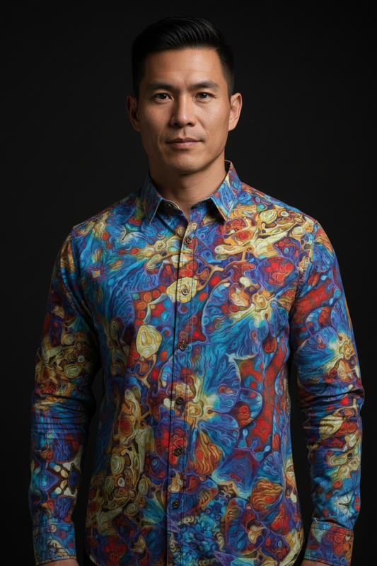 “Marbled Tides II” Men's Casual Lapel Long Sleeve Shirt|125GSM Cotton