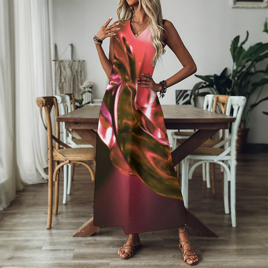 “Glass Wave” Crimson Red: Women's V-Neck Long Dress