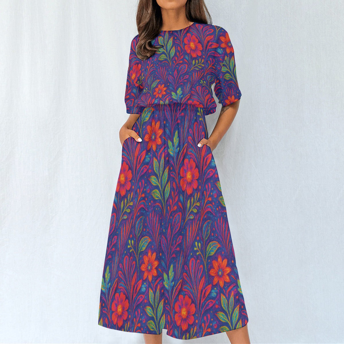 “Floral Vibrations” Women's Elastic Waist Dress