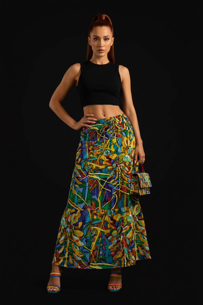 “Rainbow Wisteria”  Women's Pleated Long Skirt