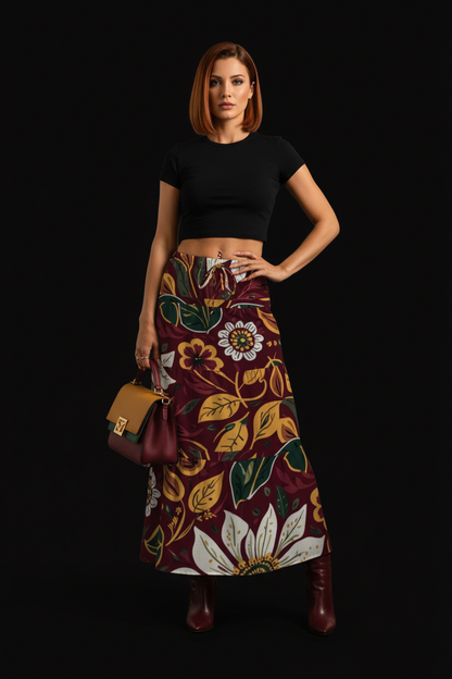 “Burgundy Botanical” Women's Pleated Long Skirt