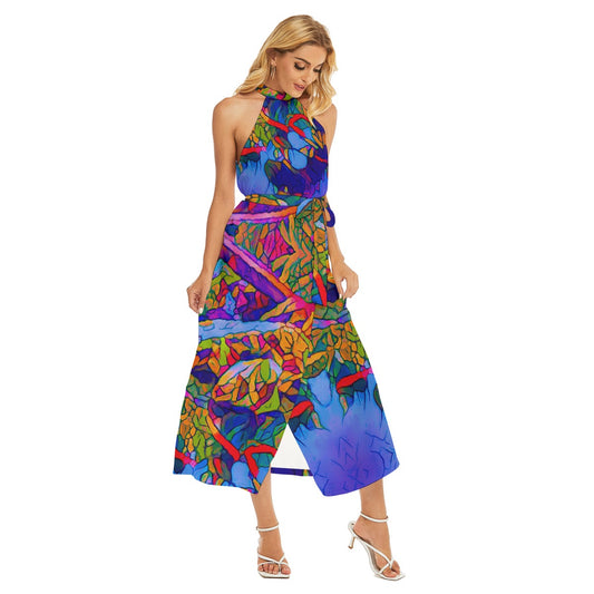 “Cerulean Spectrum” Women's Wrap Hem Belted Halter Dress