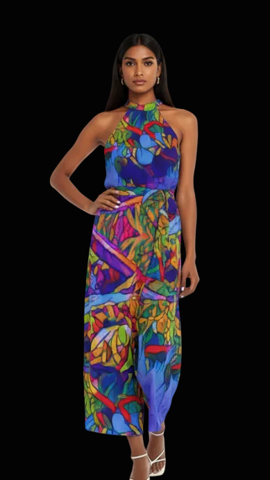 “Cerulean Spectrum” Women's Wrap Hem Belted Halter Dress