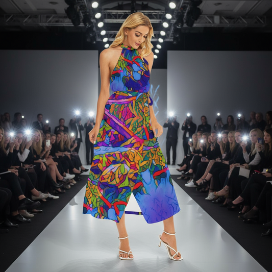 “Cerulean Spectrum” Women's Wrap Hem Belted Halter Dress