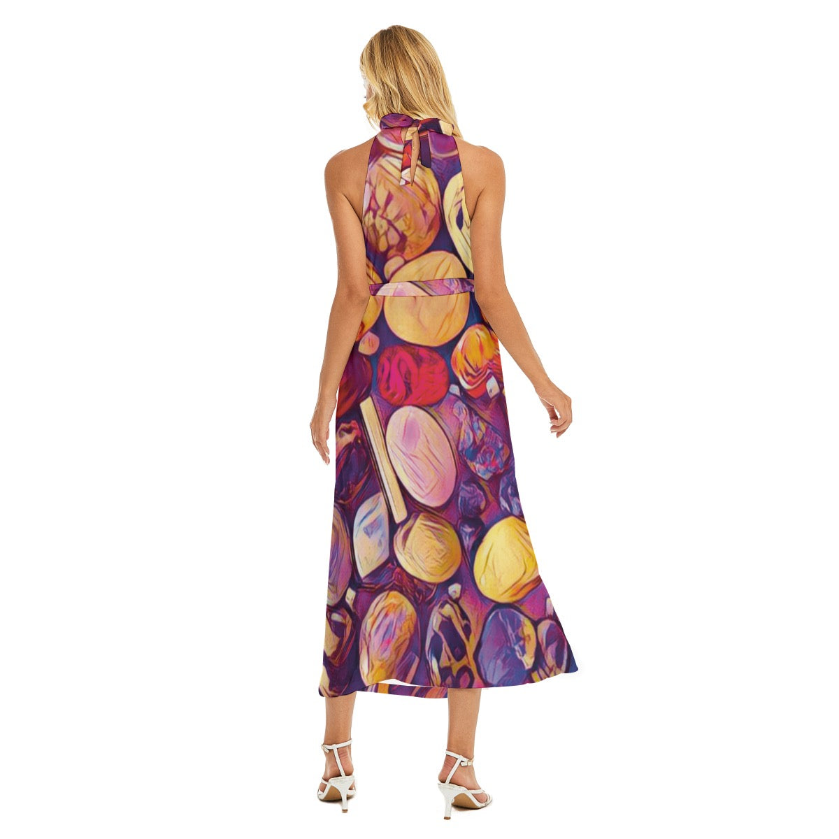 “Gemstones” Wrap Hem Belted Halter Dress