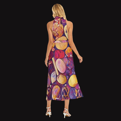 “Gemstones” Wrap Hem Belted Halter Dress