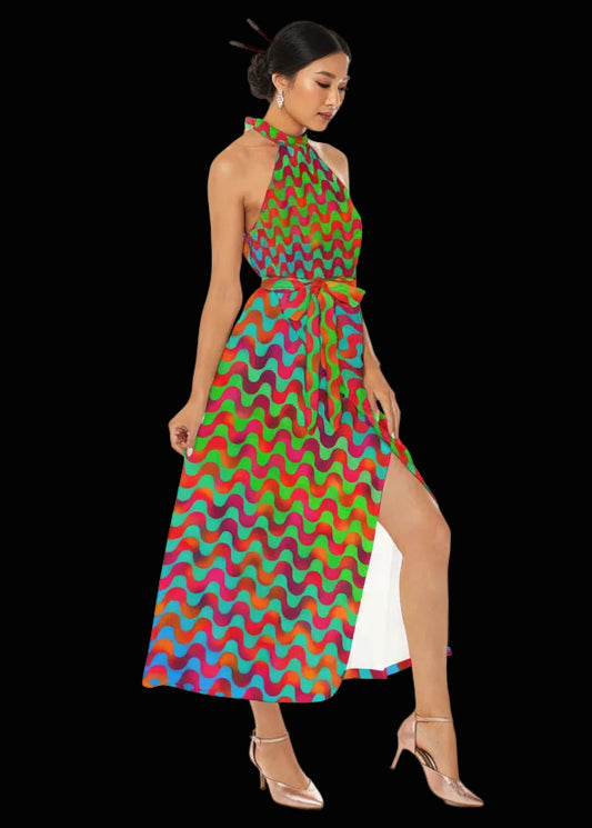 “Psychedelic Siren” Women's Wrap Hem Belted Halter Dress